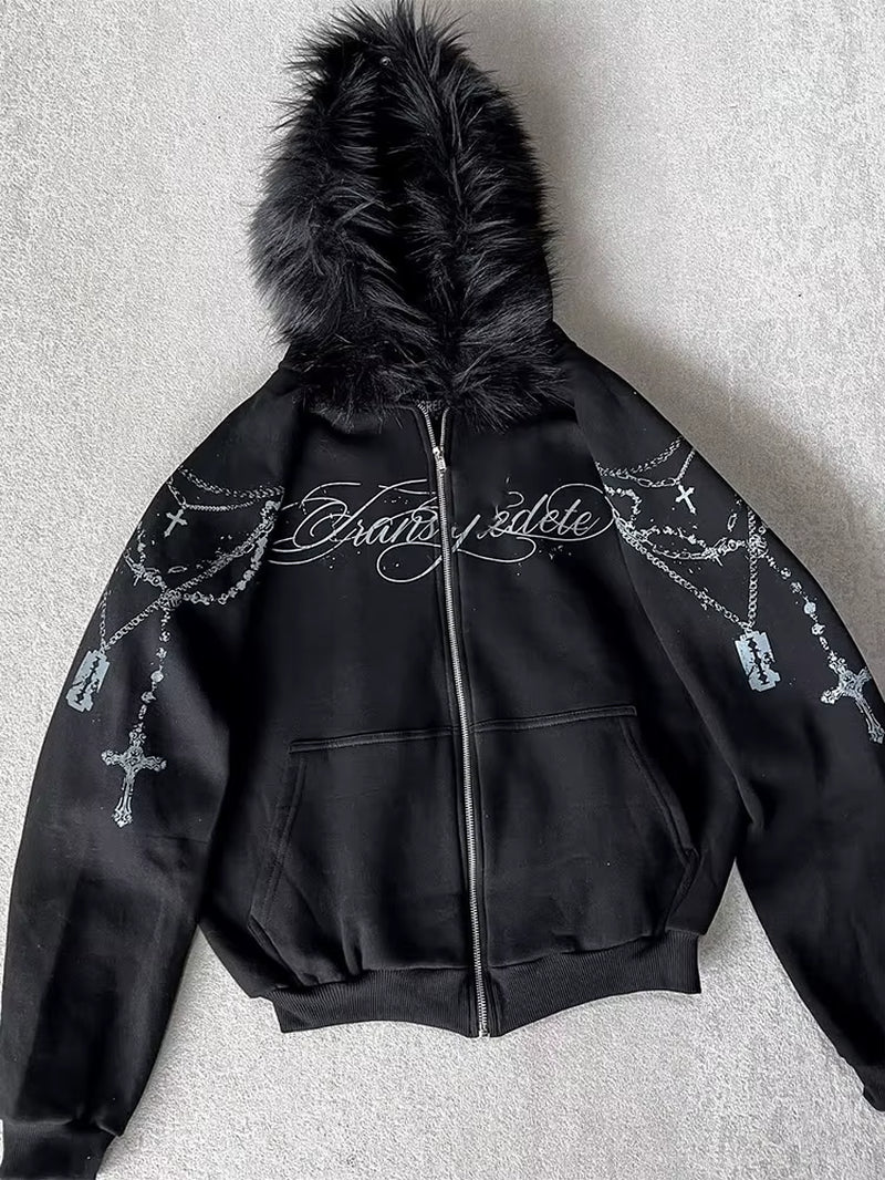 Winter Fashion Streetwear Women'S Gothic Punk Faux Fur Hooded Jacket with Cross Print Trendy Edgy Zip - up Sweatshirt 2026 New