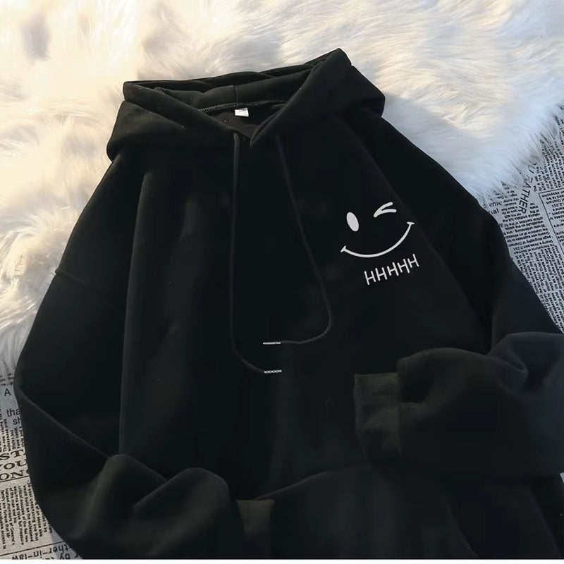 Men'S Smiling Face Funny Fashion Couple Hooded Sweater American Heavyweight Loose Thickened Cashmere Boys' Hoodie Pullover Top