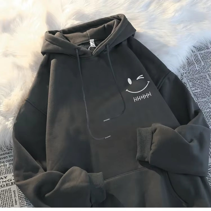 Men'S Smiling Face Funny Fashion Couple Hooded Sweater American Heavyweight Loose Thickened Cashmere Boys' Hoodie Pullover Top