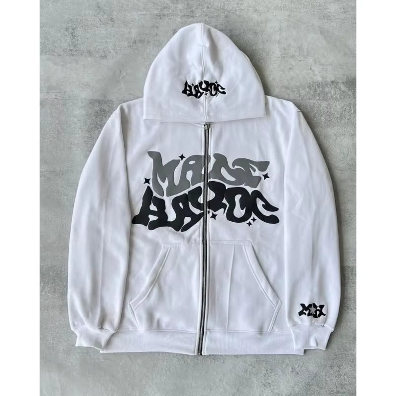 American Retro Star and Letter Printed Zipper Hoodies Women and Men Y2K Spring Autumn Section Lazy Fashion Brand Cardigan Jacket