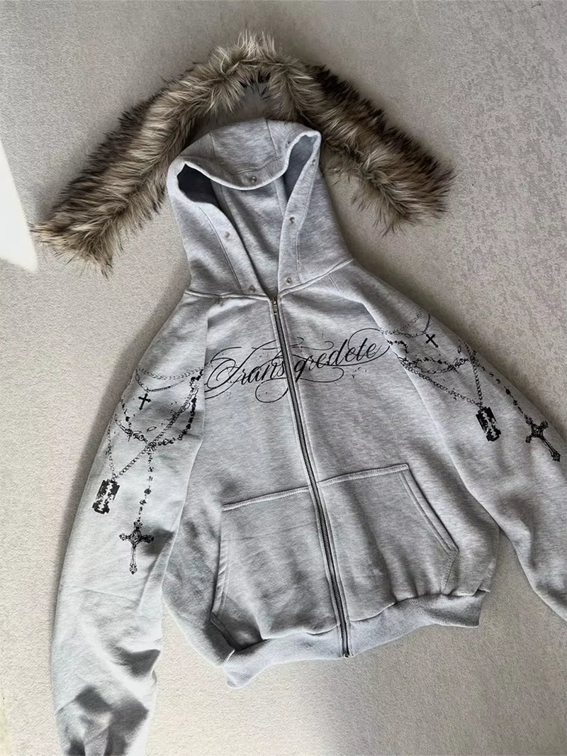 Winter Fashion Streetwear Women'S Gothic Punk Faux Fur Hooded Jacket with Cross Print Trendy Edgy Zip - up Sweatshirt 2026 New