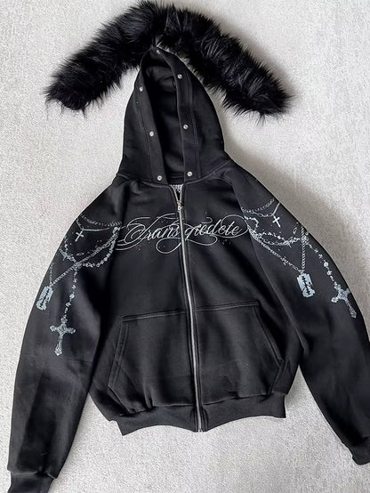Winter Fashion Streetwear Women'S Gothic Punk Faux Fur Hooded Jacket with Cross Print Trendy Edgy Zip - up Sweatshirt 2026 New