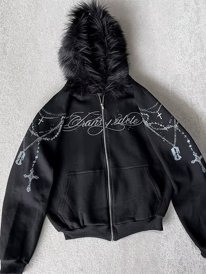 Winter Fashion Streetwear Women'S Gothic Punk Faux Fur Hooded Jacket with Cross Print Trendy Edgy Zip - up Sweatshirt 2026 New
