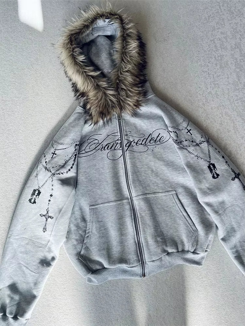 Winter Fashion Streetwear Women'S Gothic Punk Faux Fur Hooded Jacket with Cross Print Trendy Edgy Zip - up Sweatshirt 2026 New