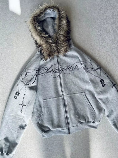 Winter Fashion Streetwear Women'S Gothic Punk Faux Fur Hooded Jacket with Cross Print Trendy Edgy Zip - up Sweatshirt 2026 New
