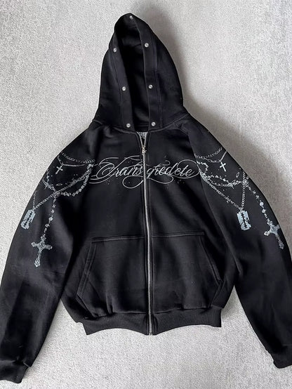 Winter Fashion Streetwear Women'S Gothic Punk Faux Fur Hooded Jacket with Cross Print Trendy Edgy Zip - up Sweatshirt 2026 New