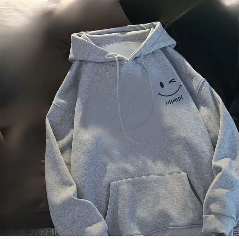 Men'S Smiling Face Funny Fashion Couple Hooded Sweater American Heavyweight Loose Thickened Cashmere Boys' Hoodie Pullover Top