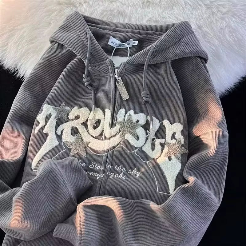 Autumn Long Sleeve Hooded Tops Fashion Zipper Embroidery Y2K Harajuku Streetwear Hoodies Jackrts Women Loose New Sweatshirts