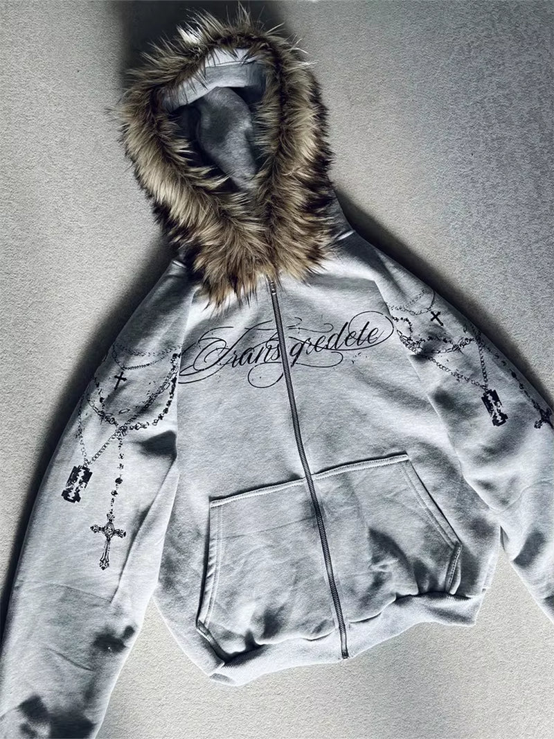 Winter Fashion Streetwear Women'S Gothic Punk Faux Fur Hooded Jacket with Cross Print Trendy Edgy Zip - up Sweatshirt 2026 New